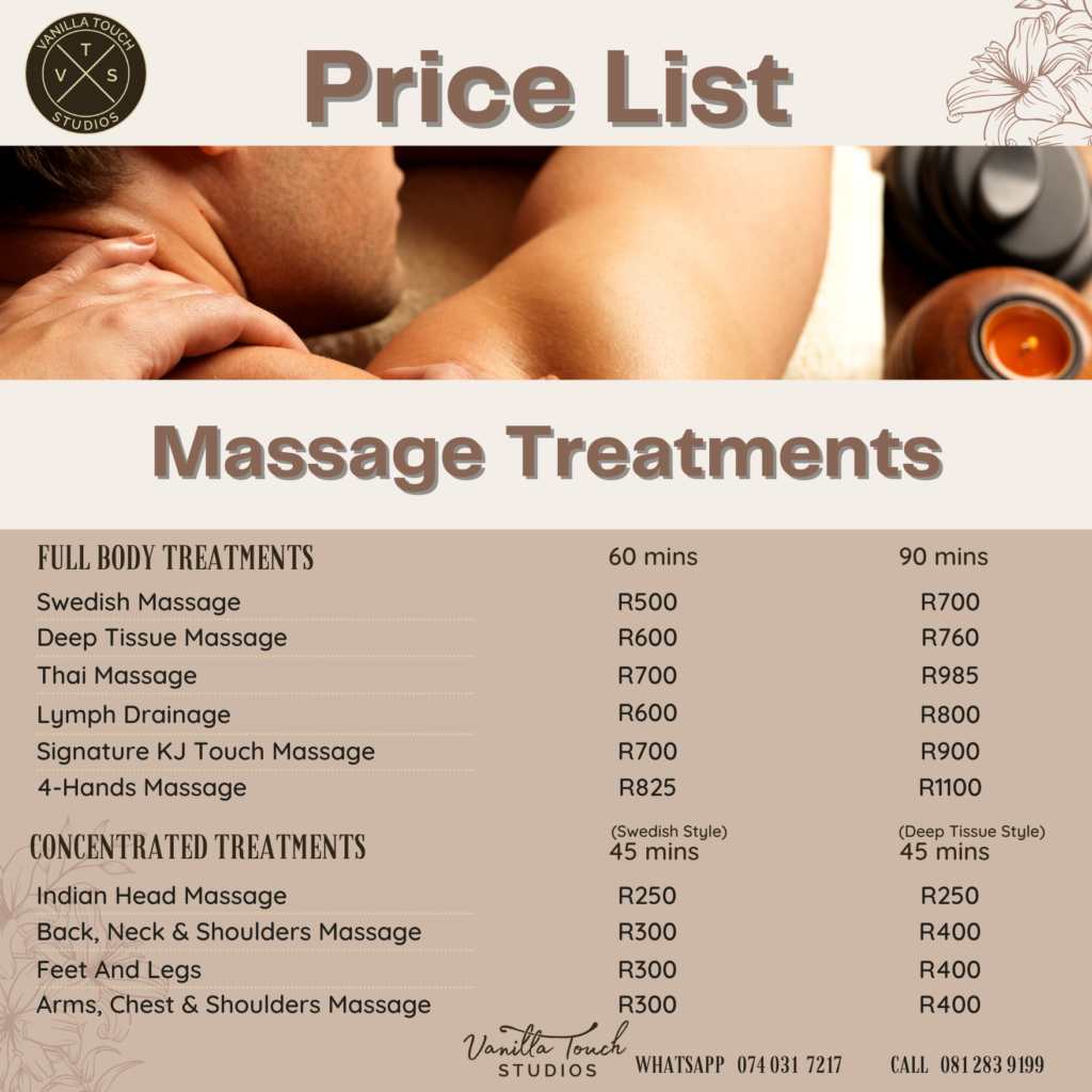 Massage Treatments Price List