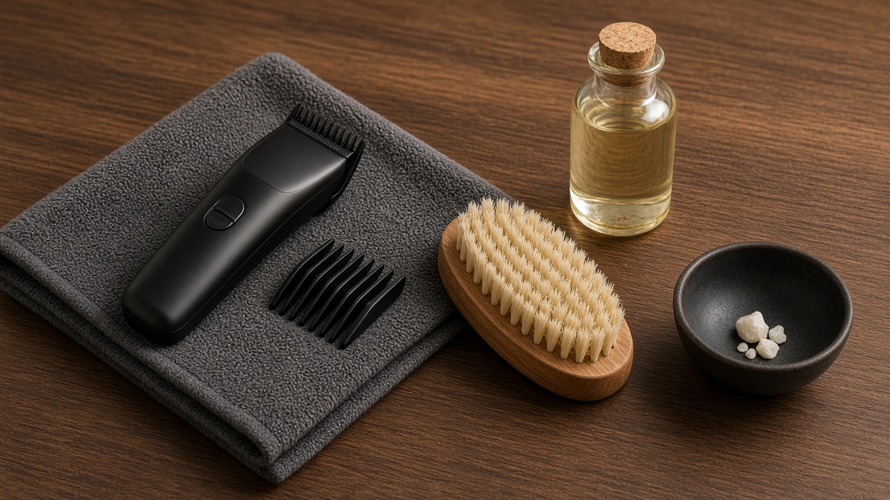 Hair clipper, guard comb, grooming brush and oil on a towel