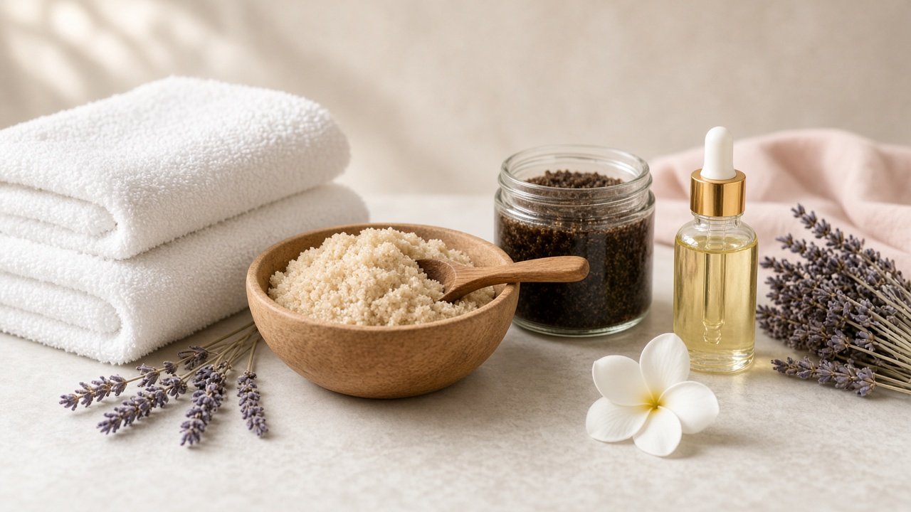 Sugar and coffee body scrubs, massage oil, lavender and towels