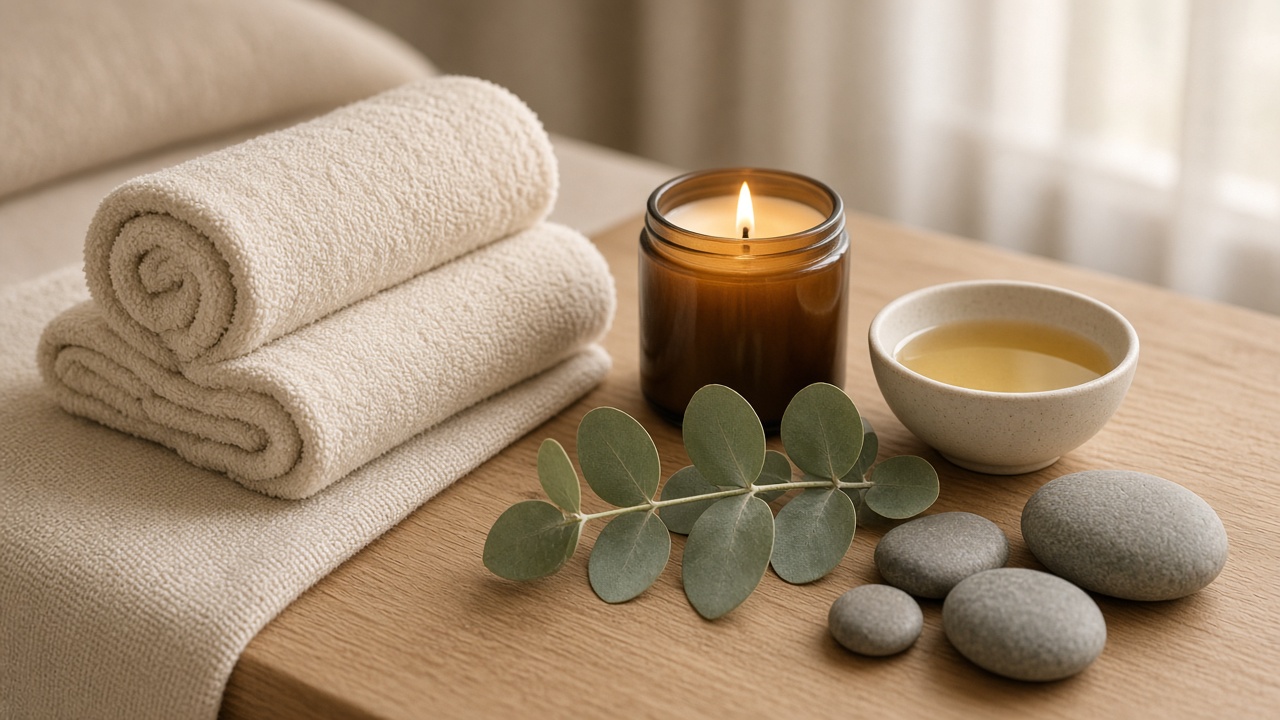 Rolled towels, a soy candle, massage oil and stones on a wooden table